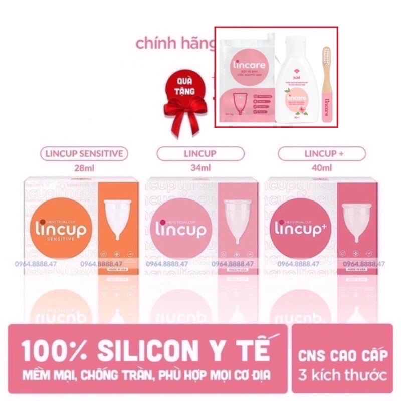 [Tặng full quà]Cốc nguyệt san Lincup Mỹ chính hãng, cốc mềm mại,chống tràn, đủ 3 size